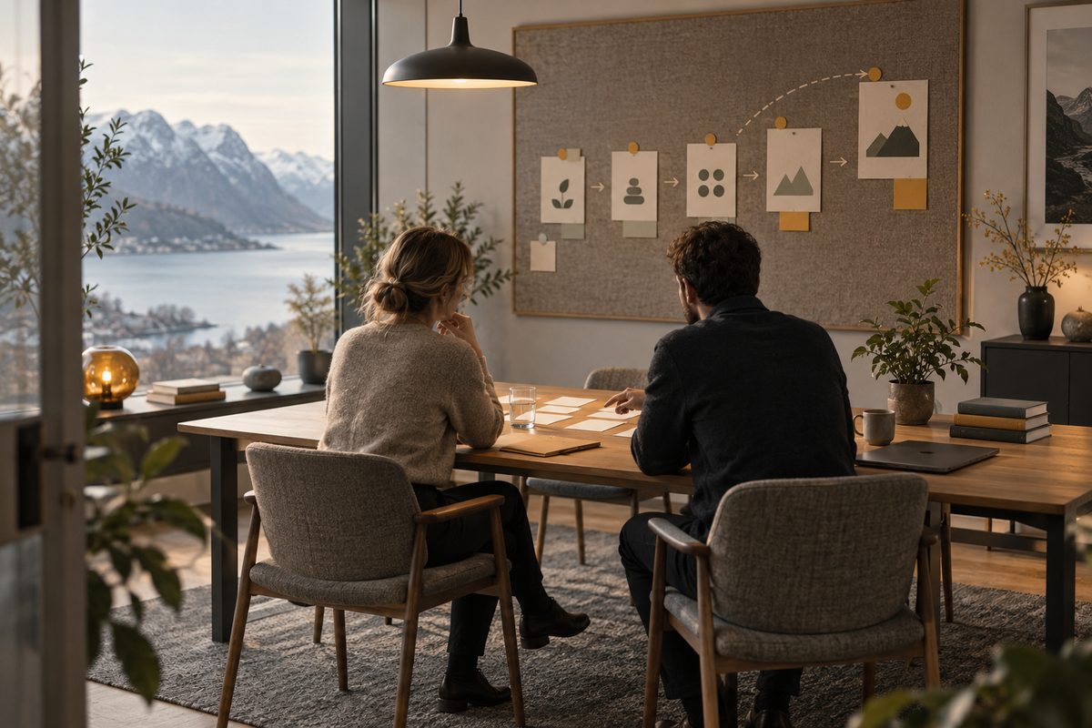 To kolleger drøfter læringsplaner ved et bord, mens et kort med symboler viser veien fra dagens ferdigheter mot nye mål.