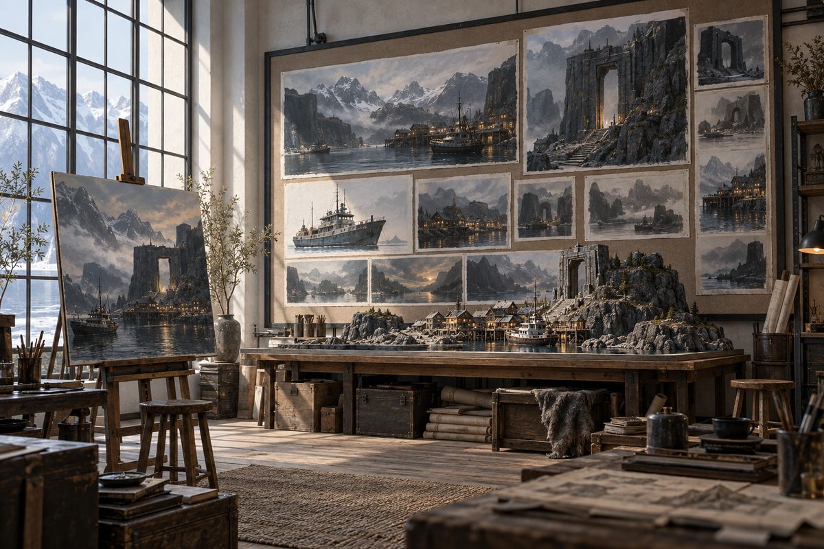 Et lyst atelier har konseptmalerier av en fjordhavn og en steinportal på veggen, med en detaljert modell på arbeidsbordet.