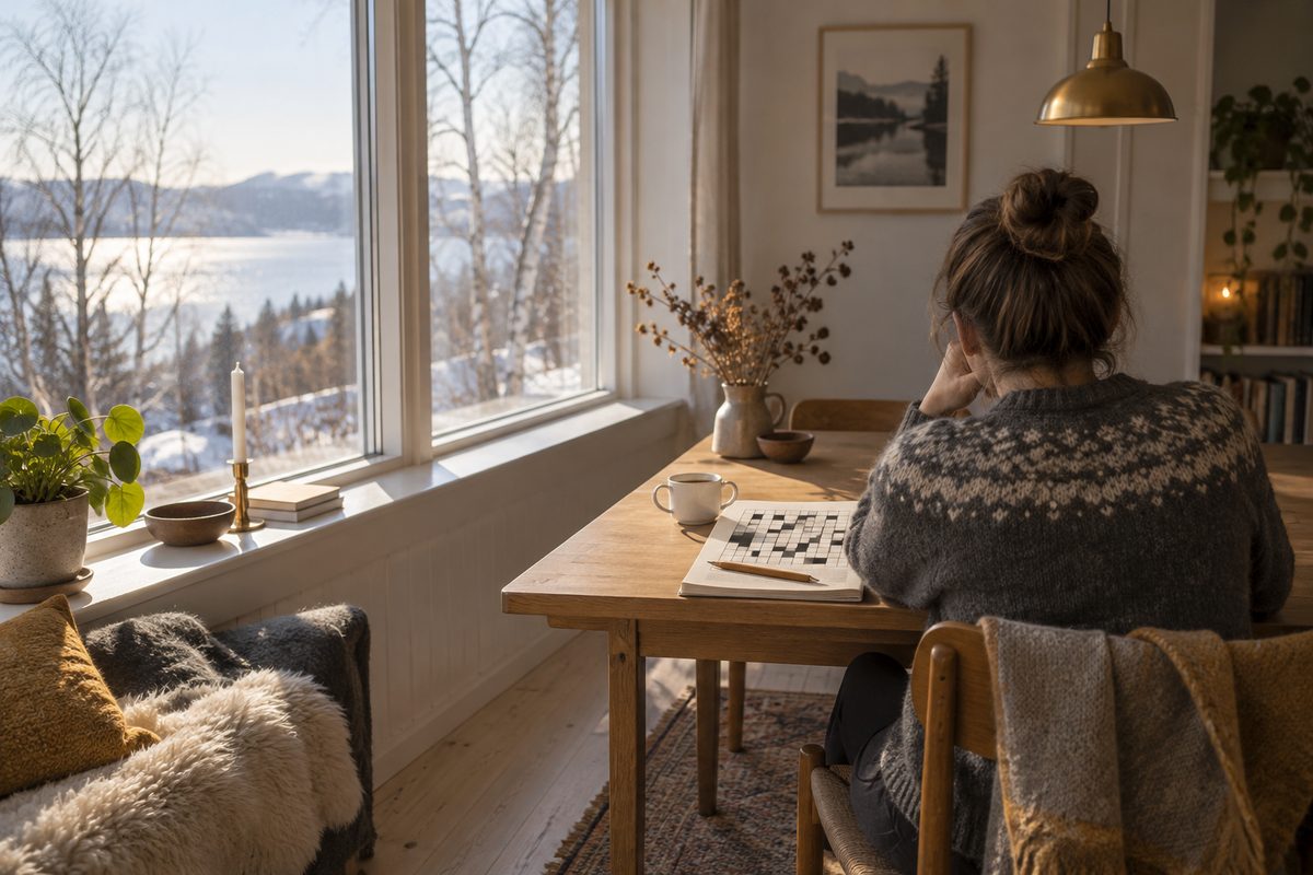 En person fra ryggen løser et tomt kryssord ved et vindu, med en kopp på bordet og vinterlys over en norsk stue.