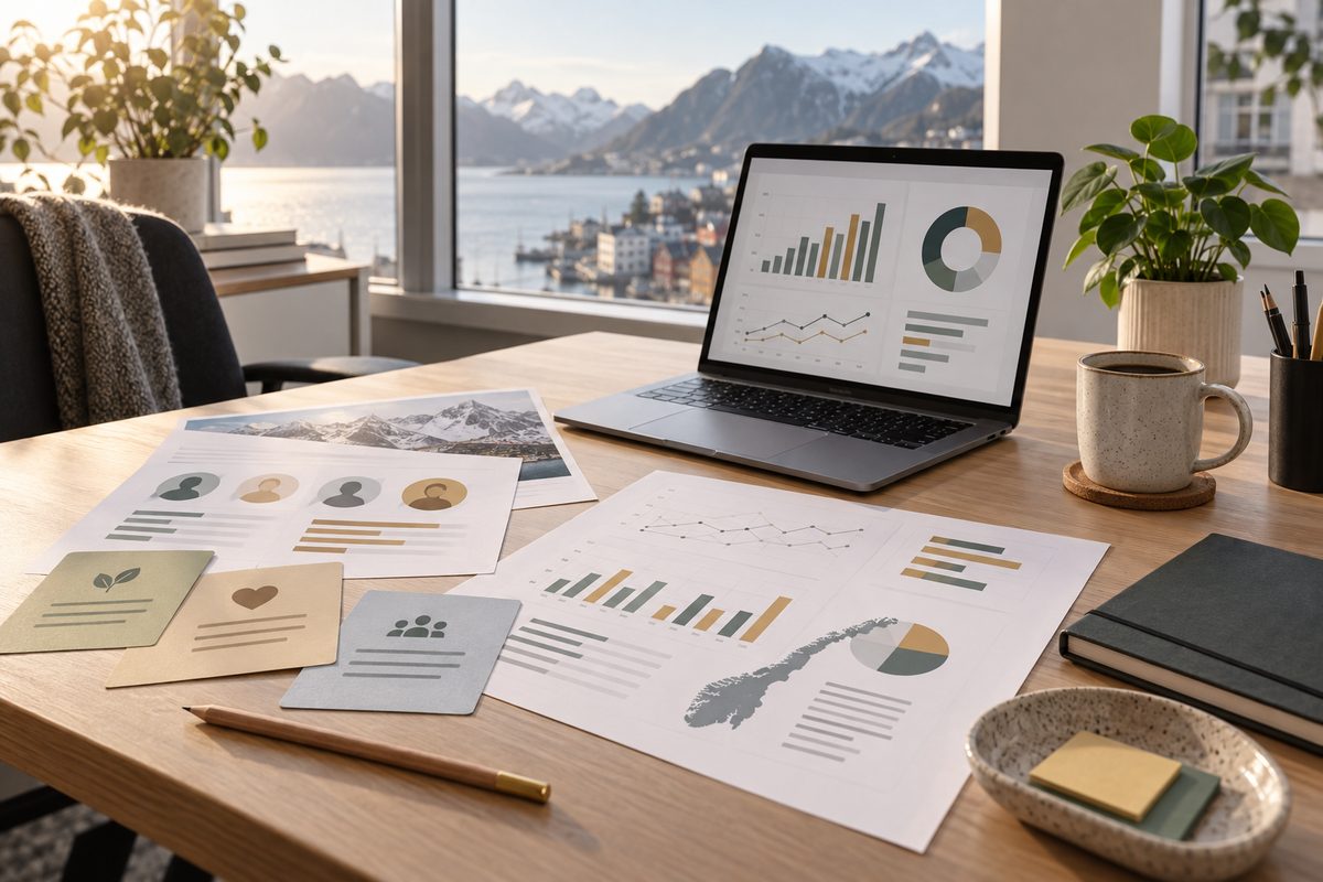 På et lyst nordisk kontor ligger kundedataark med diagrammer foran en bærbar PC, mens fjord og fjell skimtes gjennom vinduet.