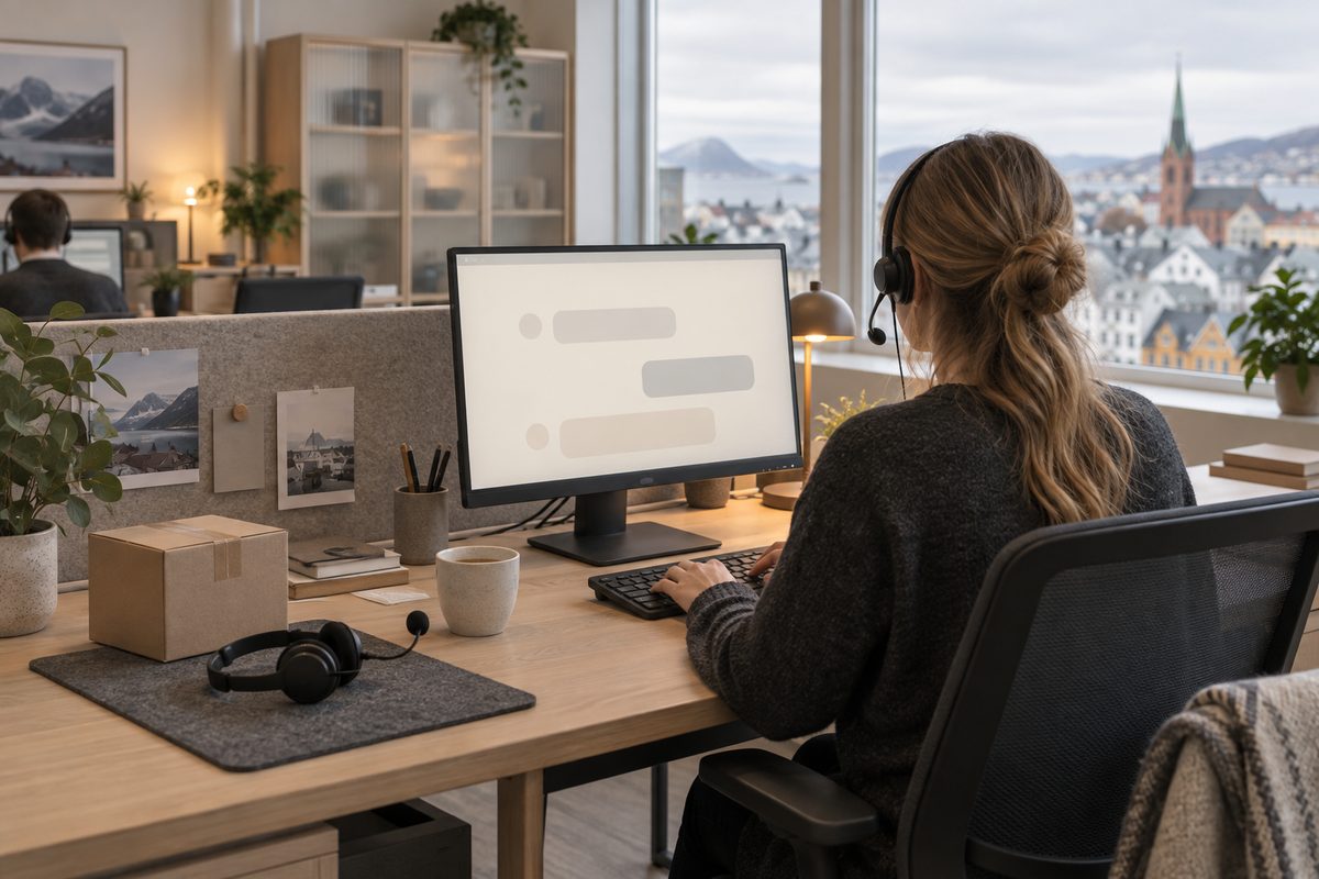 En kundebehandler med hodesett sitter vendt mot en skjerm, med pakke og ekstra hodesett på bordet og byen utenfor vinduet.