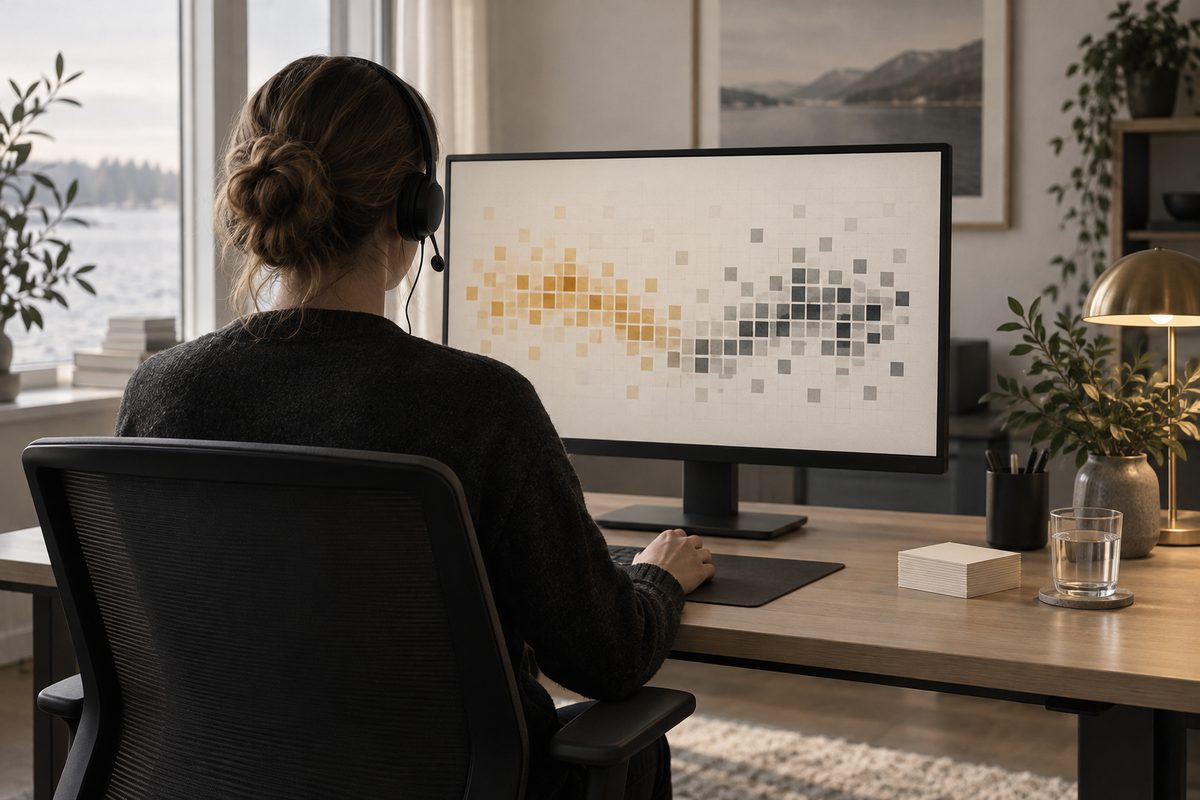 En kundebehandler med headset ser bakfra på fargede felt på en skjerm i et lyst kontor med fjordutsikt.