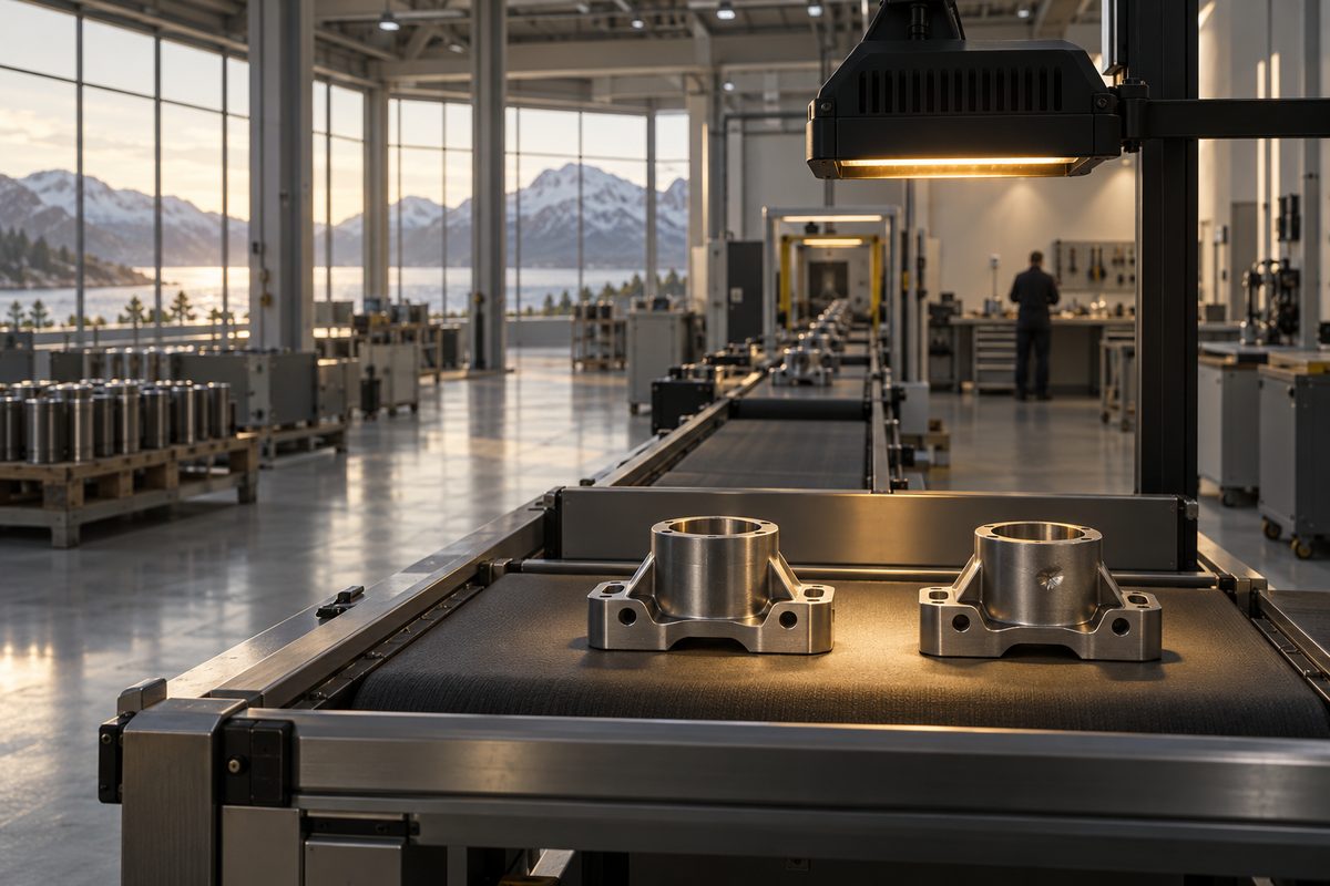 To metallkomponenter passerer under en gyllen kontrollampe på et transportbånd i et lyst verksted.