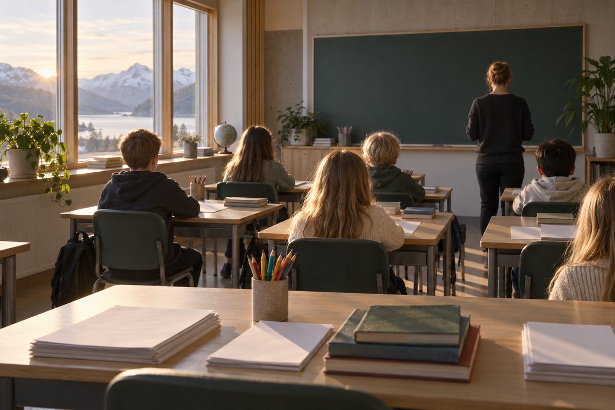 En lærer står ved en tom tavle mens elever arbeider ved pulter, med blanke ark og fargeblyanter i forgrunnen.