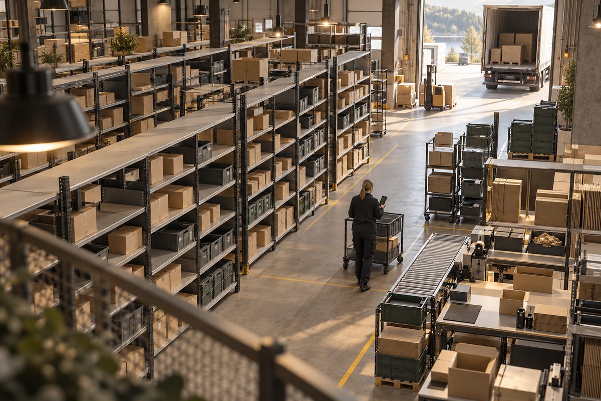 En lagerarbeider med håndterminal går mellom varehyller og esker mot en opplyst lasterampe i et ryddig lager.