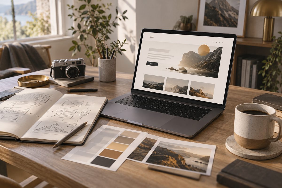 Laptop med en tekstfri landingsside står blant håndtegnede skisser, fargeprøver og fotografier på et lyst nordisk arbeidsbord.