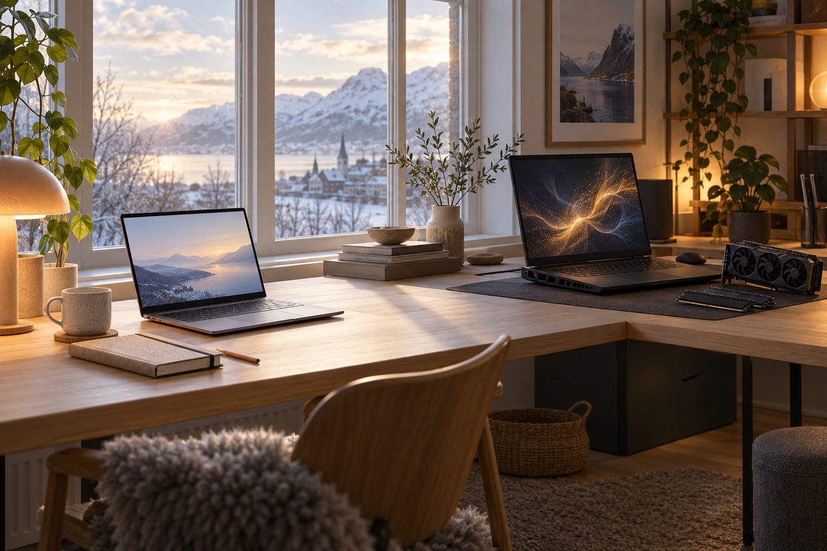 To bærbare datamaskiner står på et lyst skrivebord ved vinduet, med minnemoduler og et grafikkort ved den mørke maskinen.
