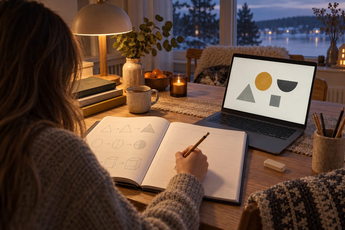 En elev sett bakfra arbeider med geometriske figurer i en arbeidsbok foran en laptop med enkle former.