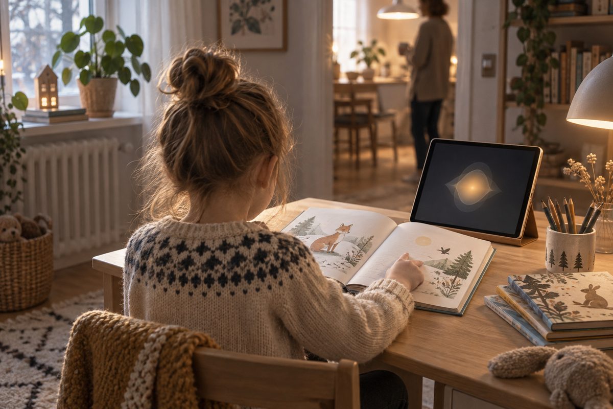 Et barn sett bakfra følger illustrasjonene i en åpen bok ved nettbrett, mens en voksen står i rommet bak.