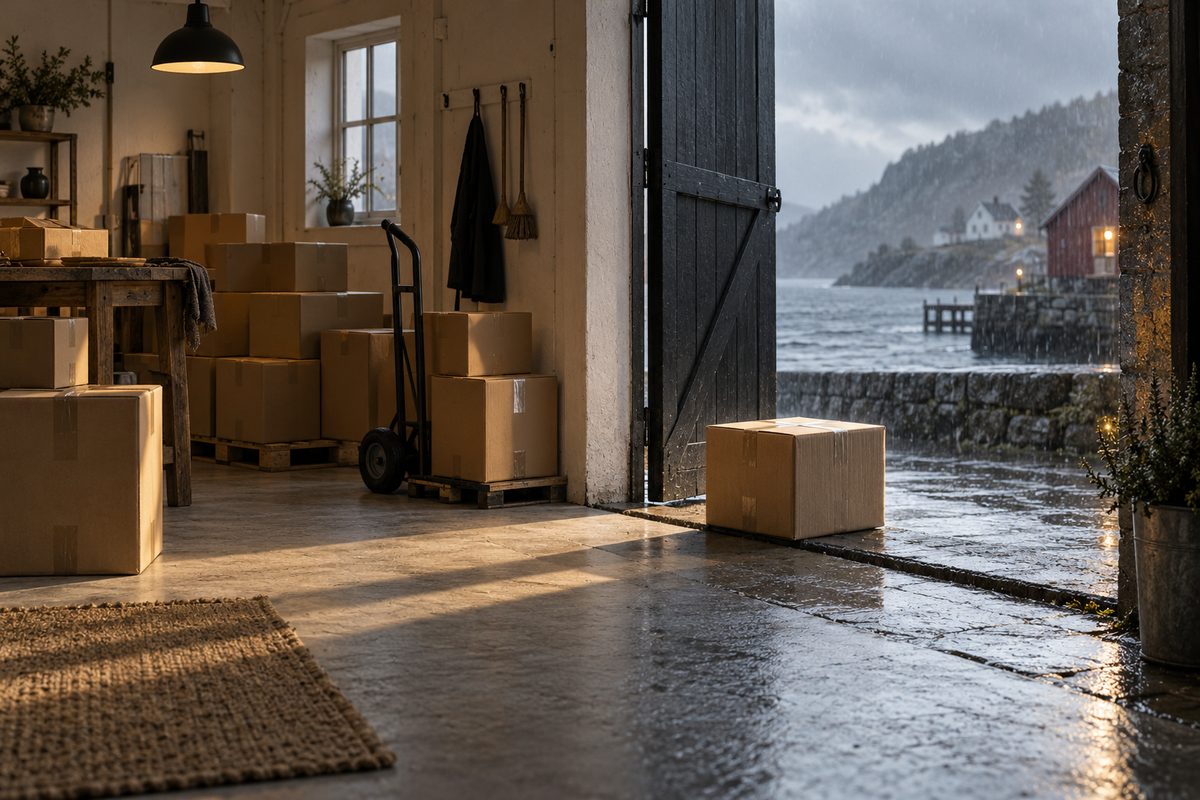 Pakkekasser venter i et varmt lagerrom mens en enkelt eske står på terskelen mot et snødekt kaianlegg.