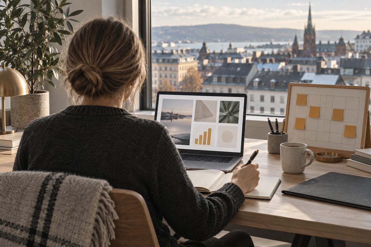 En person sett bakfra arbeider med notatbok og bærbar PC ved et vindu, med en planleggingstavle og utsikt over byen.