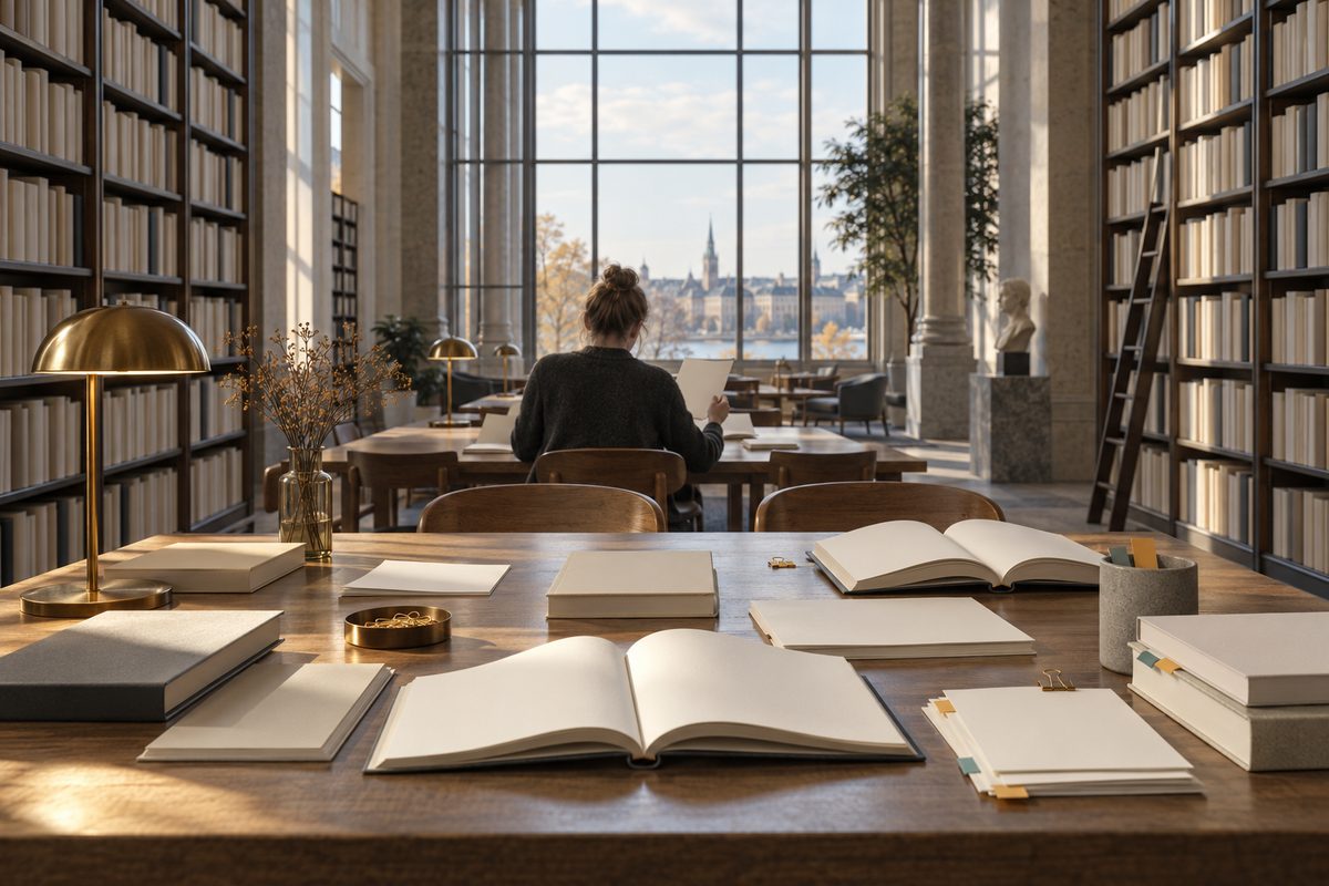 En forsker sett bakfra arbeider ved et langbord med blanke ark og bøker i et lyst bibliotek.