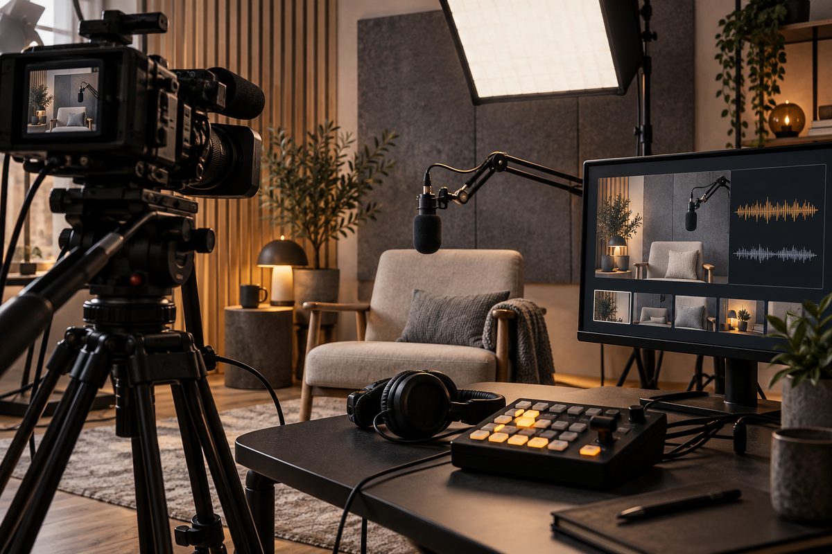 Et studio for direktesending med kamera, mikrofon, studiolys og en skjerm som viser en tom stol og lydbølger.