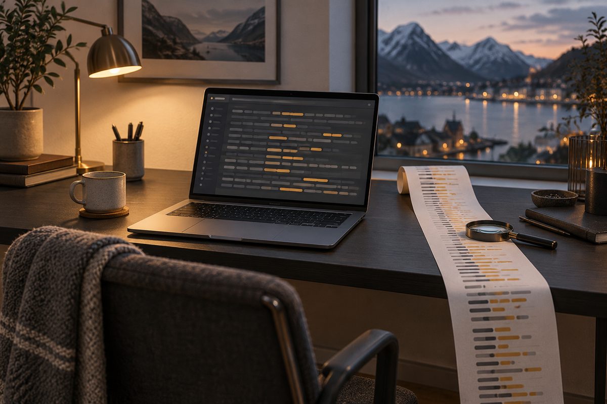 Et åpent analyseverktøy viser abstrakte loggrader ved siden av en lang utskrift og lupe på et skrivebord ved et norsk fjordvindu.