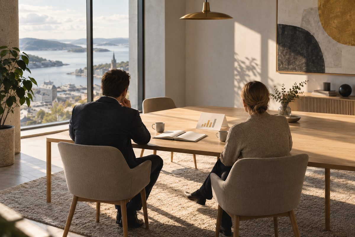 To personer sitter med ryggen til over et kontorbord med notatbok, lønnsgraf og kaffekopper foran et stort vindu.
