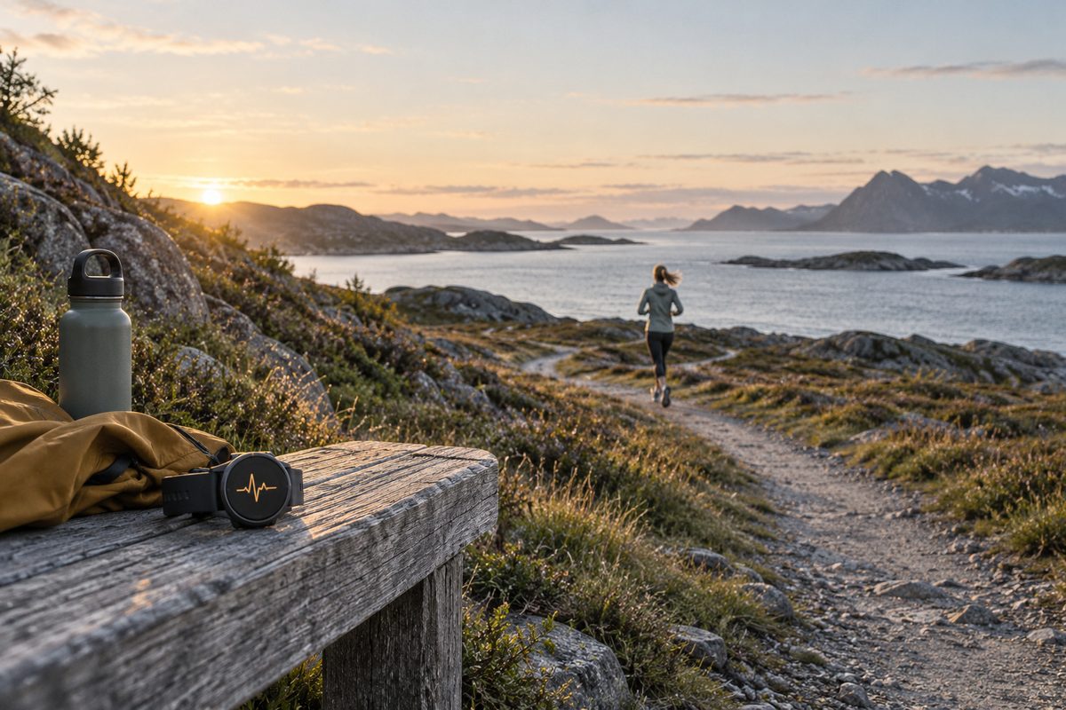 En løper beveger seg langs en kyststi i morgensol, mens en klokke med pulssymbol, jakke og drikkeflaske ligger på benken.