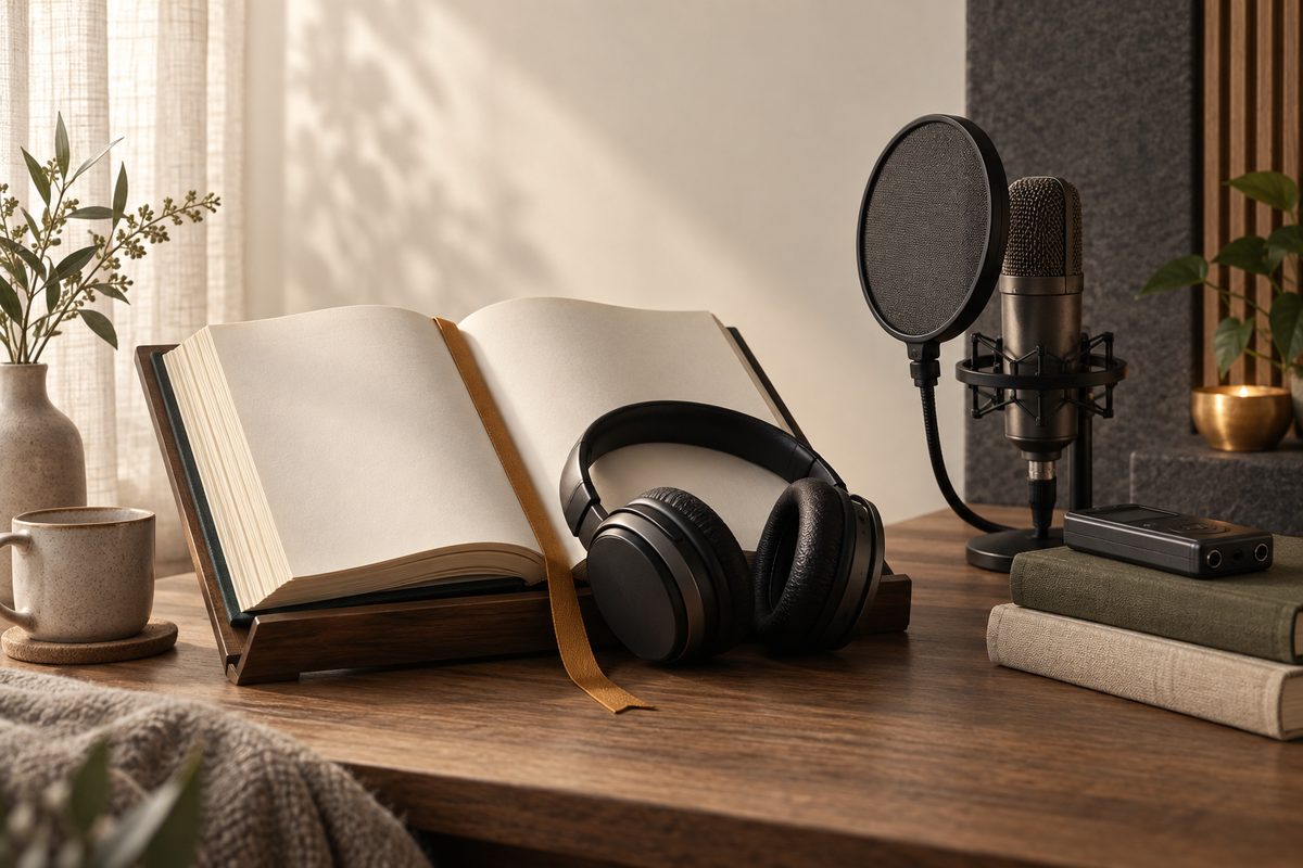 En åpen bok med gult bokmerke står på et lesestativ ved hodetelefoner, en studiomikrofon og en liten lydopptaker.