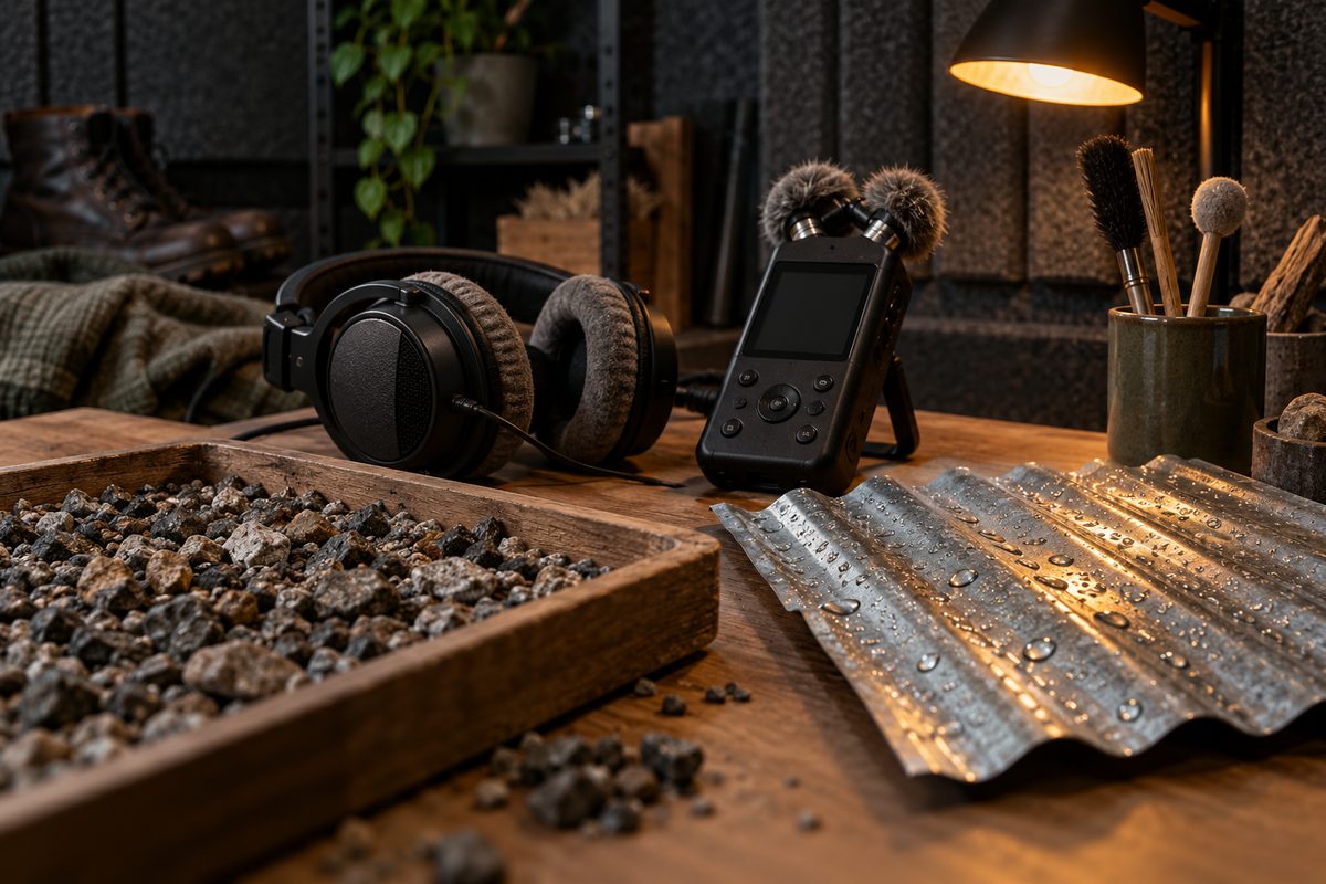 Hodetelefoner og en feltopptaker står mellom et brett med grus og en regnvåt metallplate i et dempet lydstudio.