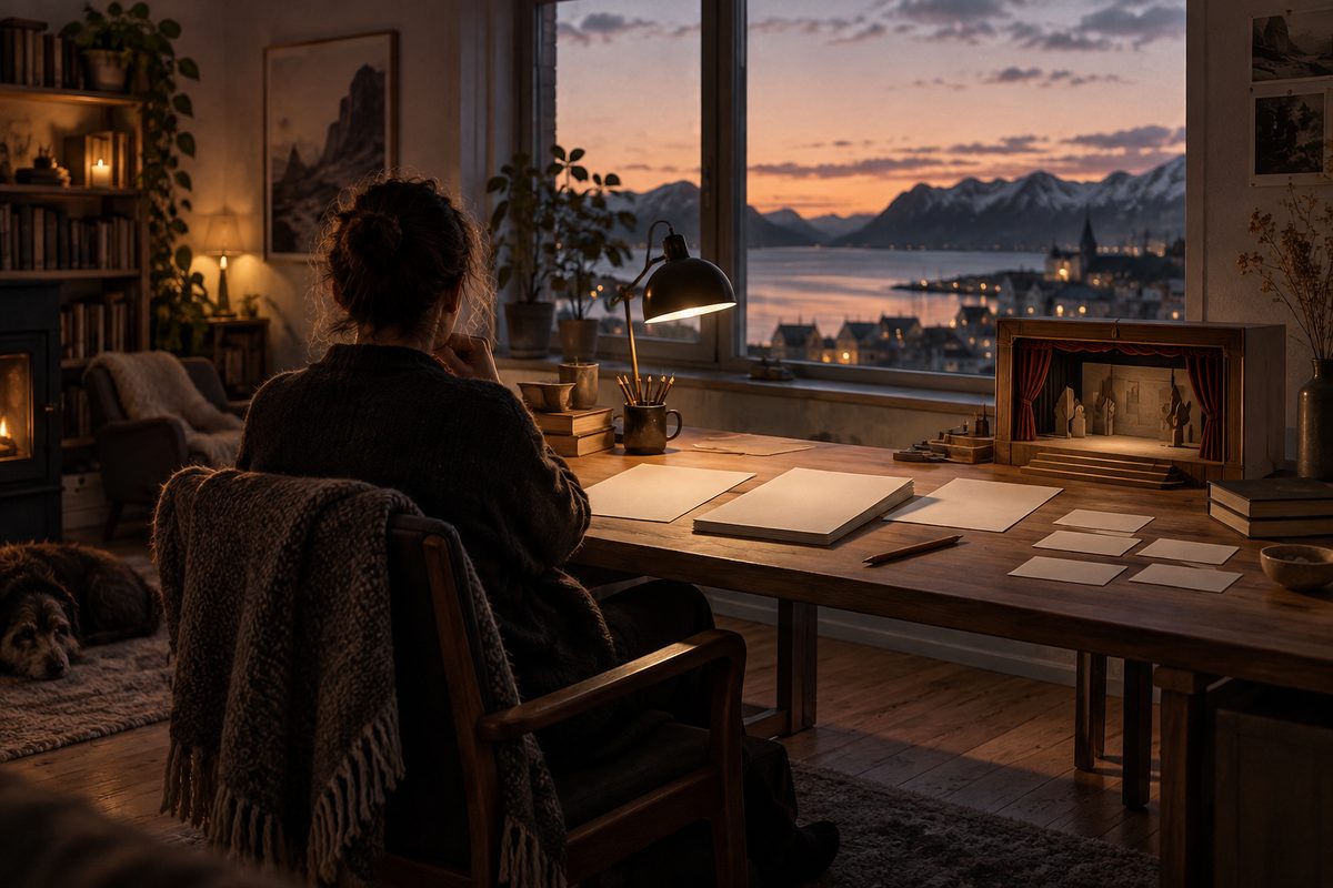 En forfatter sitter vendt bort fra kameraet ved et skrivebord med blanke manusark, notatkort og en liten teaterscene.
