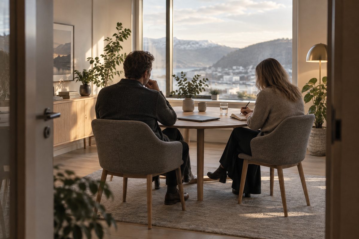 To kolleger sitter overfor hverandre ved et rundt bord i et lyst møterom, med notatbok og glass på bordet.