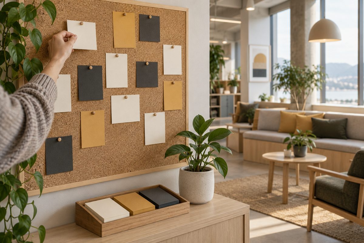 En hånd fester et blankt kort på en korktavle med fargede kort, ved siden av en plante i et lyst kontor.