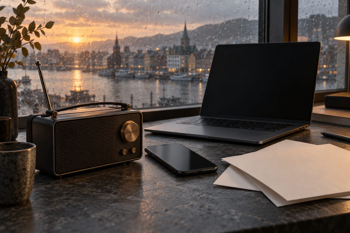 Et blankt ark og en umerket mobil ligger ved radio og bærbar PC foran en regnvåt nordisk by.
