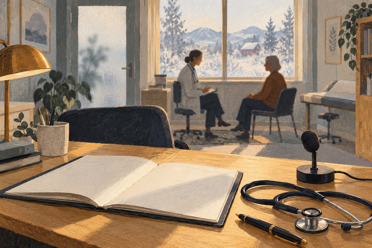 Åpen papirjournal, stetoskop og liten mikrofon ligger på skrivebordet mens behandler og pasient snakker ved vinduet.