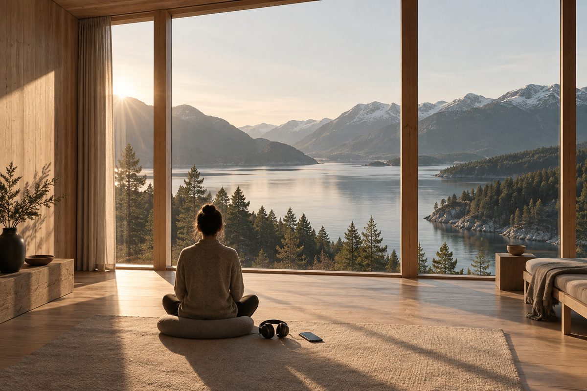 En person sitter i meditasjon foran et stort vindu med utsikt over fjord og fjell, med hodetelefoner og mobil ved siden av.