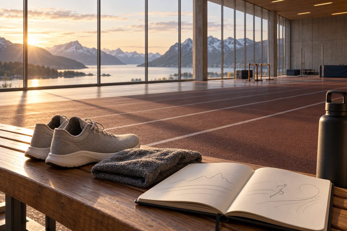 Et par nøytrale løpesko, et åpent notathefte og et håndkle ligger på en benk ved en friidrettsbane med fjell og morgensol utenfor.