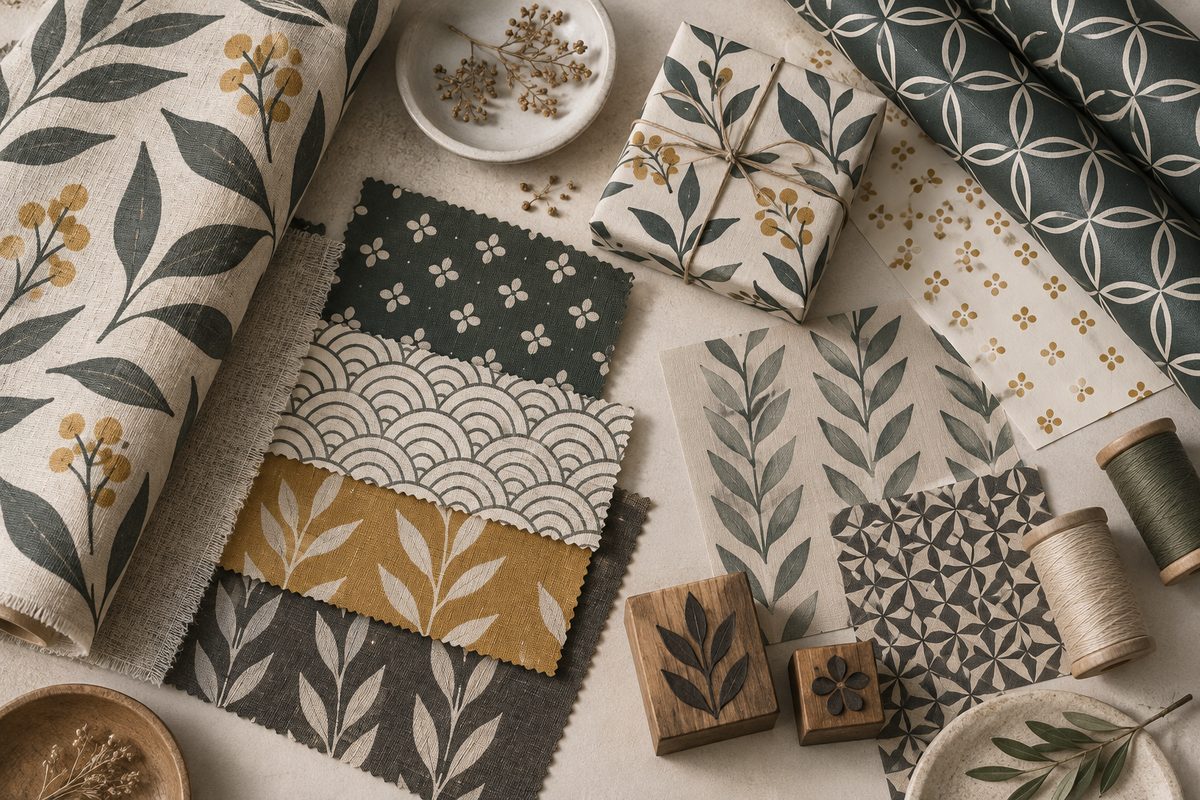 Stoffprøver og papir med repeterende blad- og geometriske mønstre ligger sammen med en innpakket eske og trådsneller.
