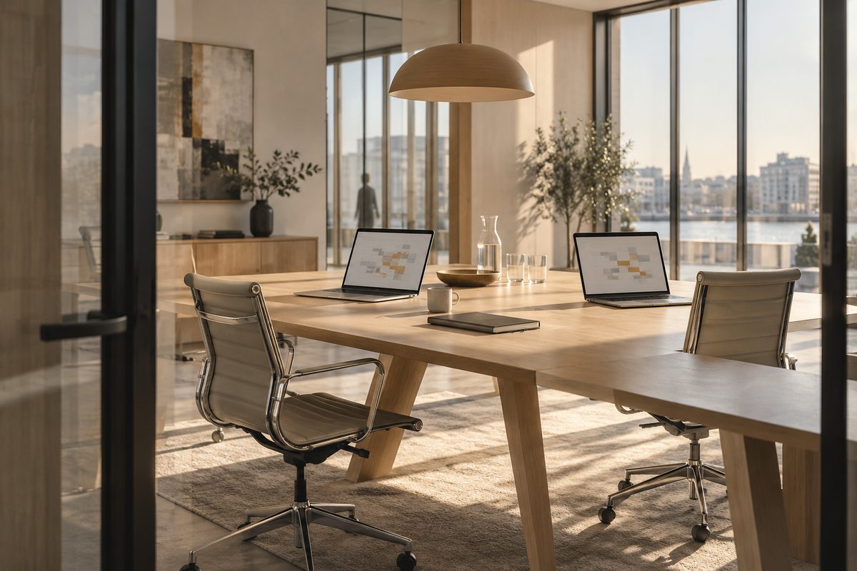 Et lyst møterom har to åpne laptoper med fargede kalenderblokker på et langt bord mellom tomme stoler.