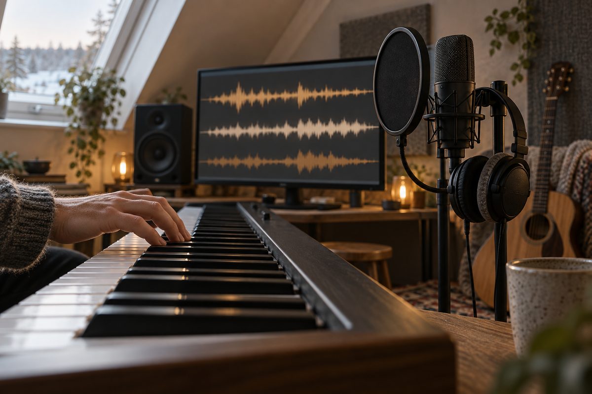 En hånd spiller på tangenter i et hjemmestudio med mikrofon, hodetelefoner, gitar og en skjerm som viser lydbølger.