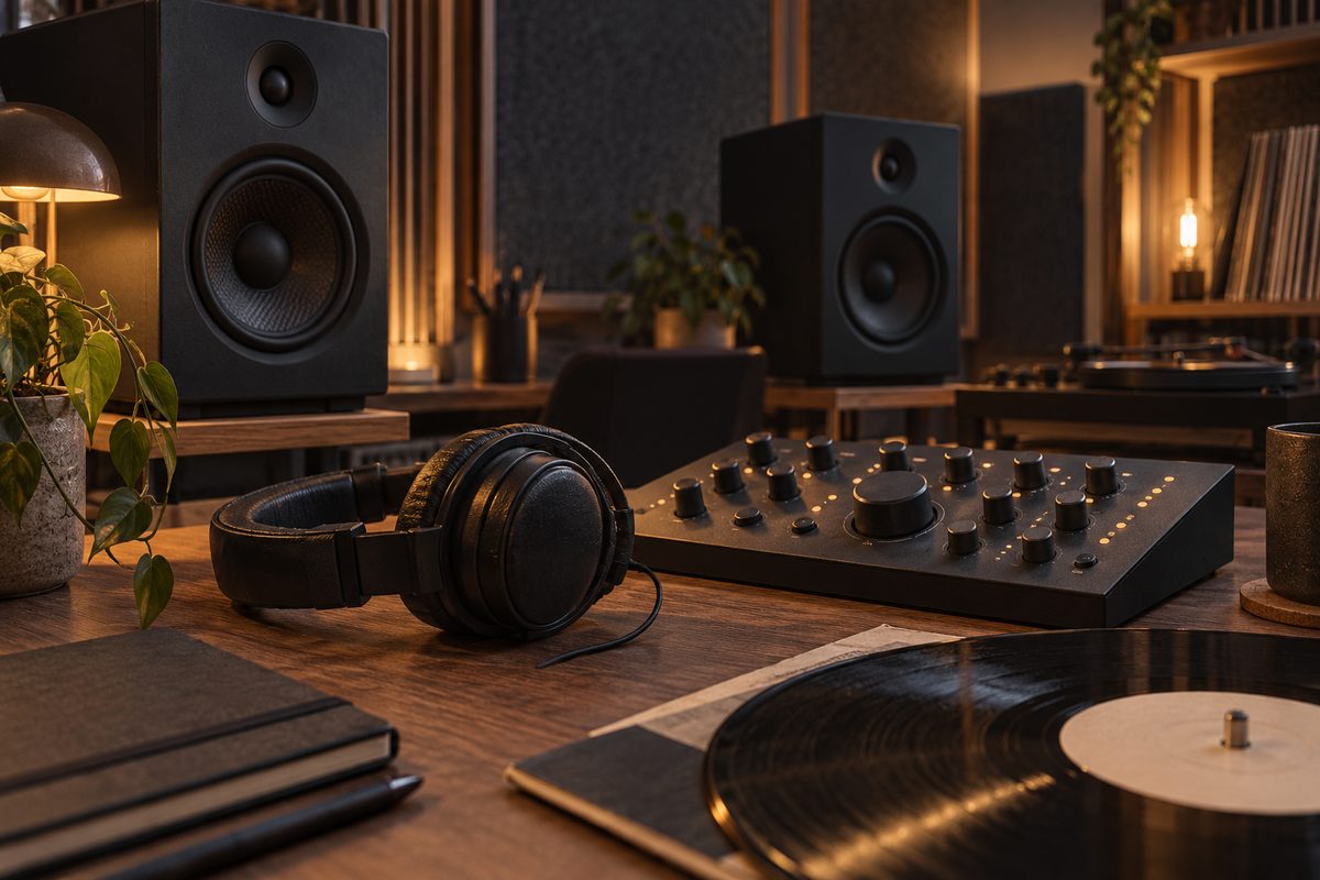 Hodetelefoner og en vinylplate ligger foran en mikser med umerkede knotter, flankert av store studiomonitorer.