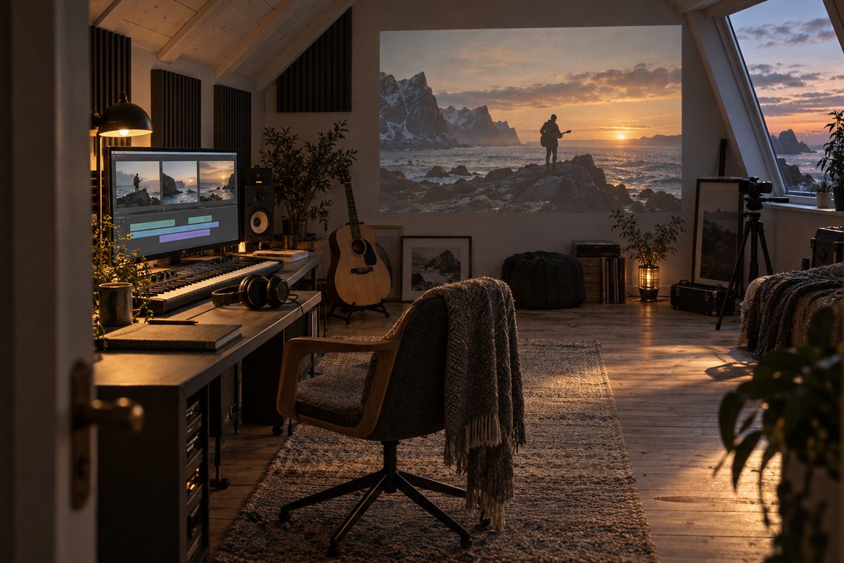 Et loftsstudio med tangenter, gitar og redigeringsskjerm har en stor veggprojeksjon av en musiker ved kysten i solnedgang.