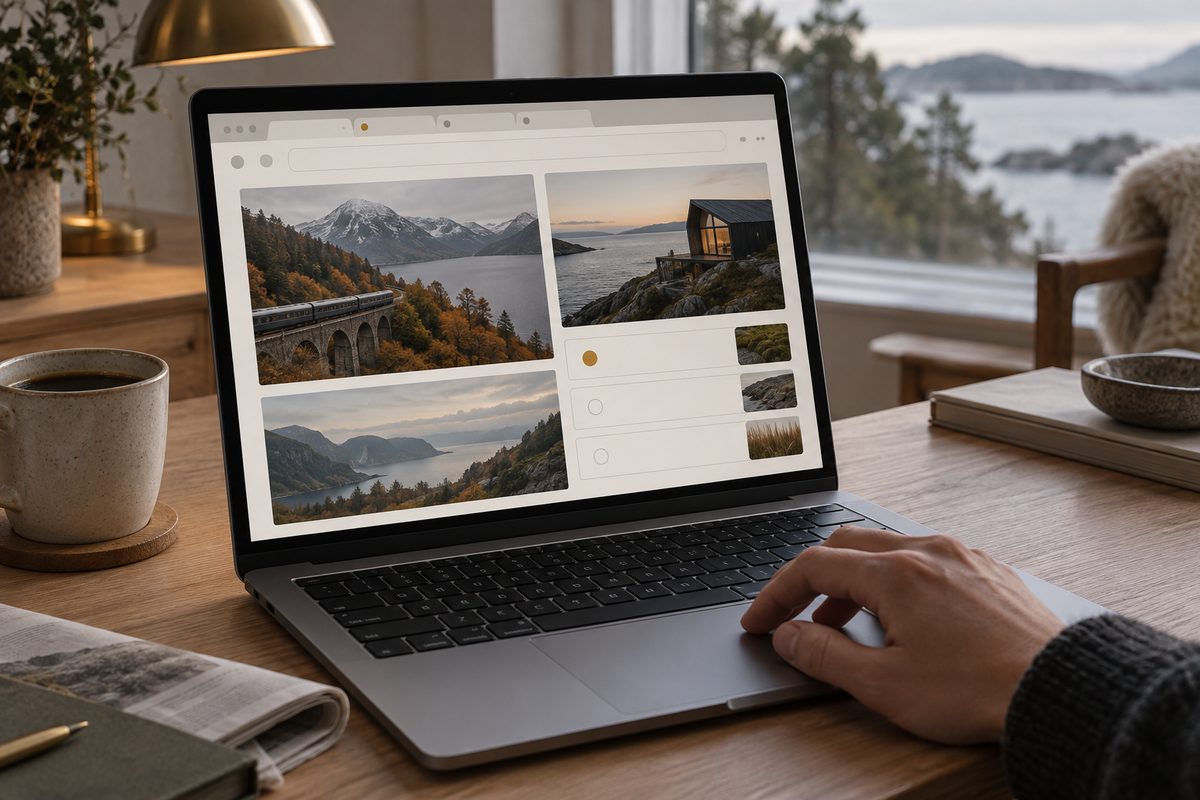 En hånd på styreflaten til en bærbar datamaskin med reisebilder og tomme nettleserfelt, ved et vindu mot fjorden.
