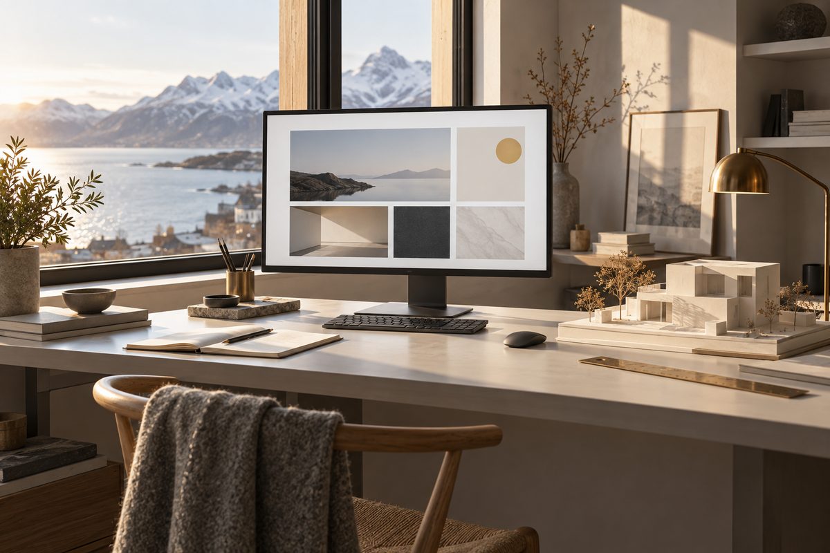 En skjerm med et enkelt sideoppsett står i et lyst arbeidsrom med utsikt mot fjord og fjell, omgitt av modeller og tegneverktøy.