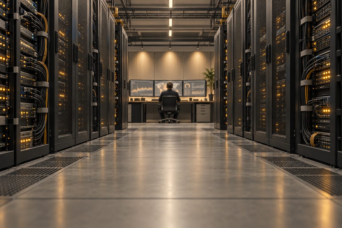 Rekker med serverrack og ravfargede statuslys leder mot en tekniker som overvåker grafer i rommets kontrollstasjon.