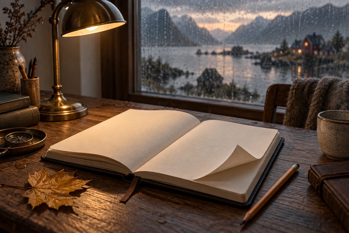 En åpen, blank notatbok og blyant ligger på et skrivebord med utsikt mot en regnvåt nordisk fjord.