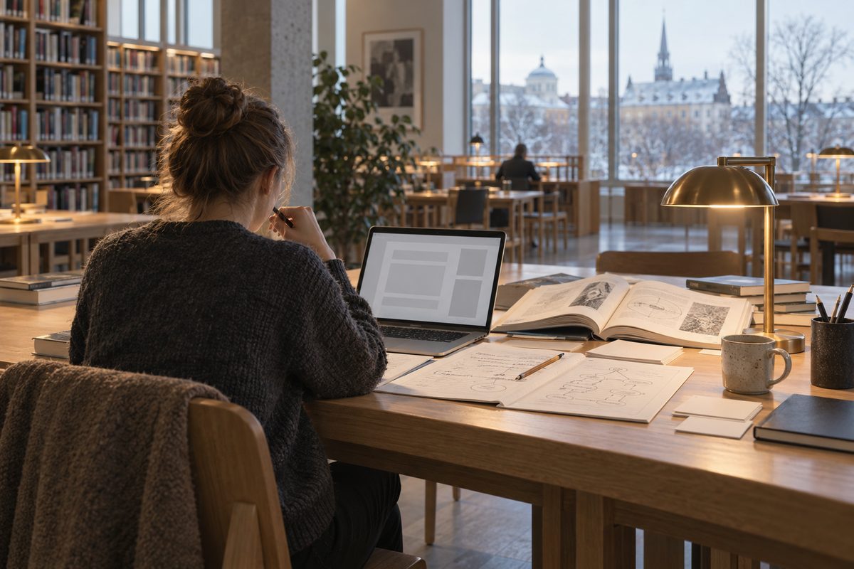 En student arbeider ved vinduet med utkast, fagbøker og en bærbar med en enkel, tom disposisjon på skjermen.
