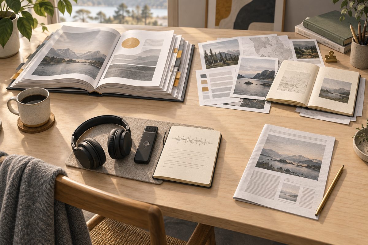 Et lyst skrivebord samler rapport, kildedokumenter, notatbok, lydopptaker med hodetelefoner og en artikkel.