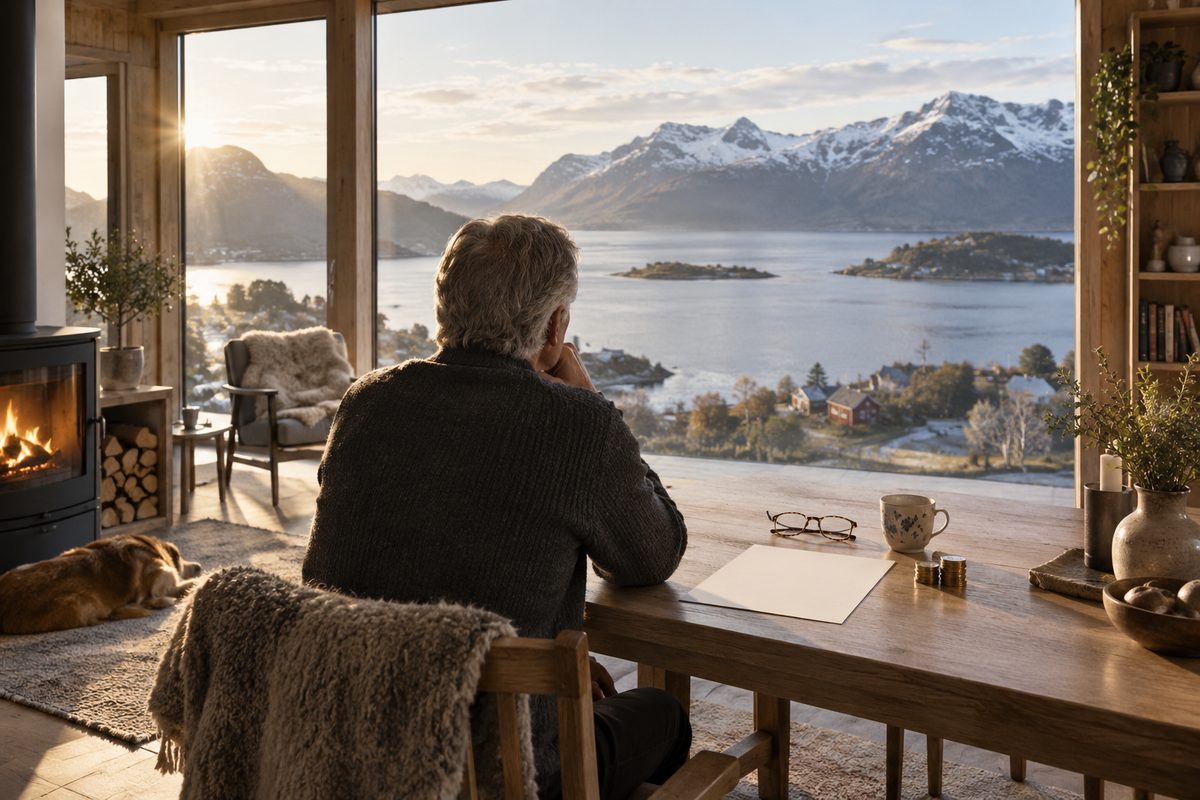 En person sett bakfra sitter ved et bord med blankt ark, briller og mynter mens morgensolen treffer utsikten over en norsk fjord.