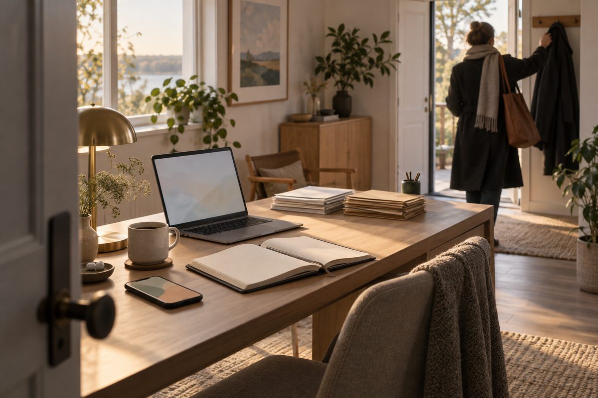 En ryddet arbeidsplass med åpen notatbok, sorterte papirer og skjermer står i forgrunnen mens en person henter jakken ved døren.