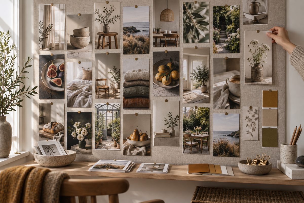 En hånd fester et stående blomsterfoto på en inspirasjonsvegg med bilder av interiør, mat, strikk og hager.