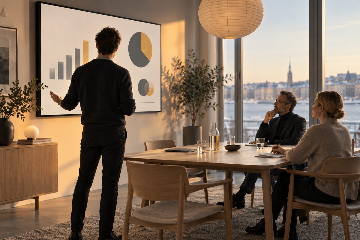 En gründer presenterer enkle diagrammer for to investorer i et lyst møterom med utsikt mot en norsk byfjord.