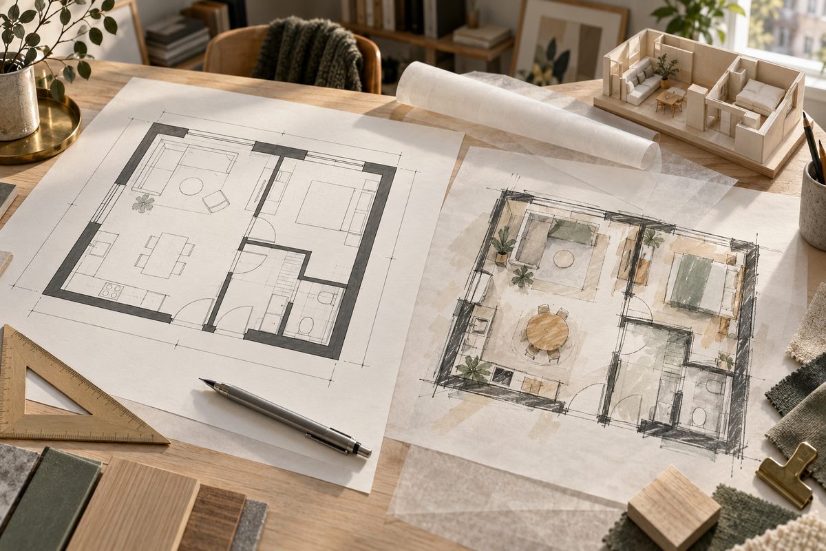 På et lyst arkitektbord ligger en presis planløsning ved siden av en løs, fargelagt romskisse og en liten rommodell.