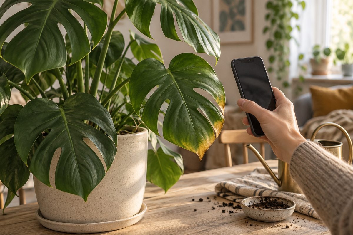 En hånd holder mobilen mot en monstera med gulnende blad, mens vannkanne og pottejord står på trebordet.