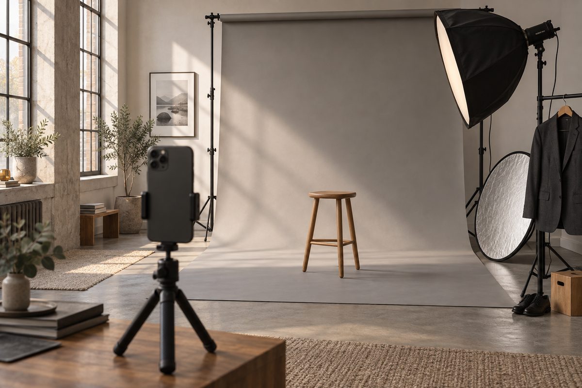 Et lyst fotostudio med mobil på stativ, tom krakk, grå bakgrunn, softboks og en mørk dressjakke på kleshenger.
