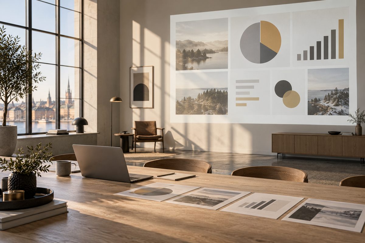 I et lyst nordisk kontor vises diagrammer og landskapsbilder på en stor presentasjonsflate, med laptop og utskrevne lysbilder på bordet.
