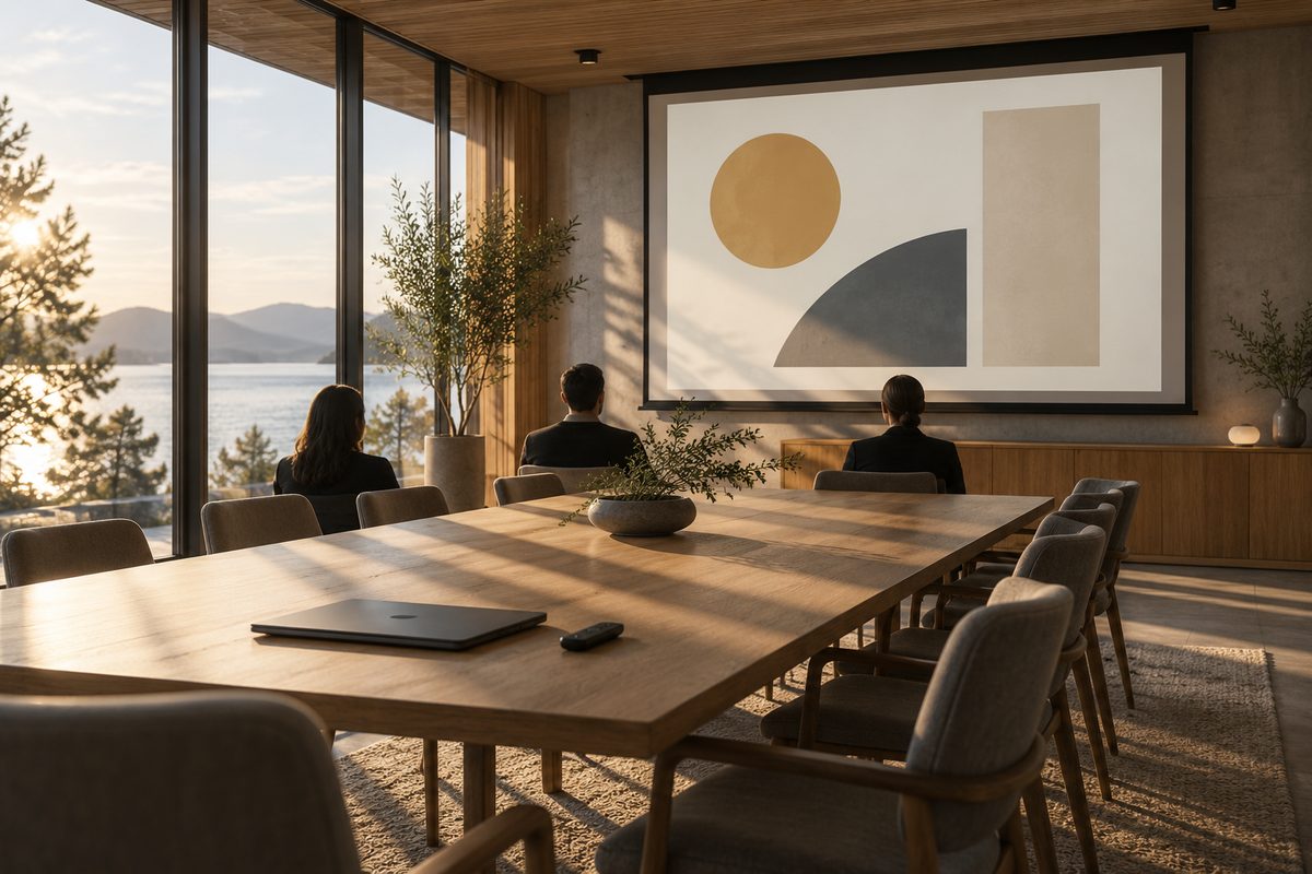 Et nordisk møterom med langbord, presentasjonsklikker og tre tilhørere vendt mot en skjerm med abstrakte former.