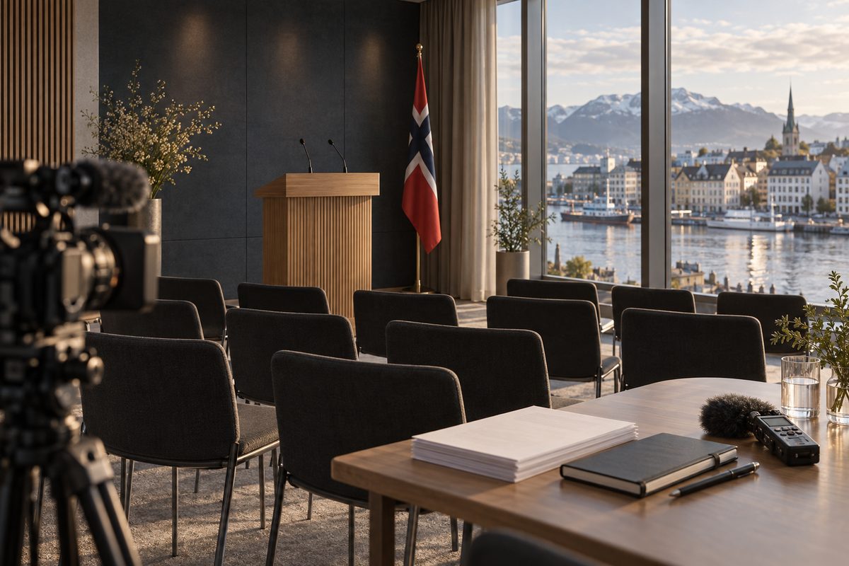 Et tomt presserom med talerstol og mikrofoner vender mot en norsk fjordby; blanke ark, lydopptaker og kamera ligger i forgrunnen.